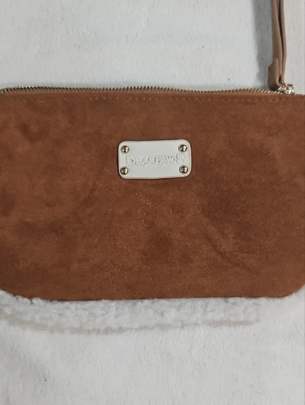 BearPaw Brown Suede Wristlet with Metal Logo Plate